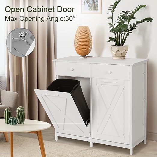 Clevich Double Tilt Out Trash Bin Holder, Wooden Recycling Cabinet w/Drawers & Tabletop, Dog-Proof, NOT Included(White)