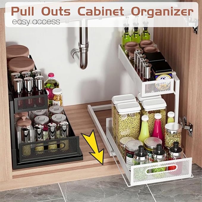 Under the Sink Organizer 2-Tier Pull Out Cabinet Organizer for Kitchen Bathroom, L-Shaped Undersink Shelves No Drill with Slide Out Drawer Space-Saving Storage Easy to Install Black 1 Pack