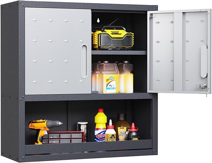 Garage Storage Cabinets Wall Mount, Locking Metal Wall Cabinets with Doors and Adjustable Shelves, Floating Hanging Storage Cabinet for Garage, Basement, Warehouse
