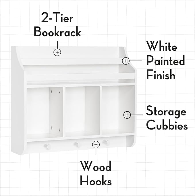 RiverRidge Kids Bookshelf with 3 Cubbies & Hooks - Book Nook Wall Bookshelf for Kids' Rooms Storage Display Rack for Toys and Games