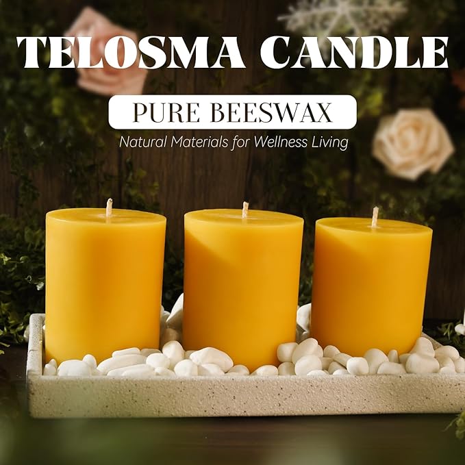 3 inch Wide Natural Yellow Beeswax Pillar Candles - 3 Pack - 100% Pure Beeswax Candles 4 inch in Height, Long Burning, Unscented Smokeless & Dripless, for Emergency, Prayer, Home Decor, Relaxation