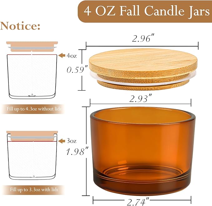 CONNOO 15 Pack 4oz Amber Glass Candle Jars with Bamboo Lids for Making Candles, Bulk Small Wide Mouth Glass Containers with Wick Kit for Candle Making, Ideal for DIY & Candle Business