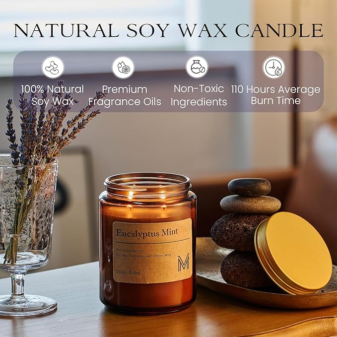 M&SENSE Eucalyptus Mint Scented Christmas Candle Gift | 19.4oz, 115-Hour Burn | Natural Organic Soy Wax | Long-Lasting for Stress Relief and Gifting | for Christmas, Thanksgiving, Holiday