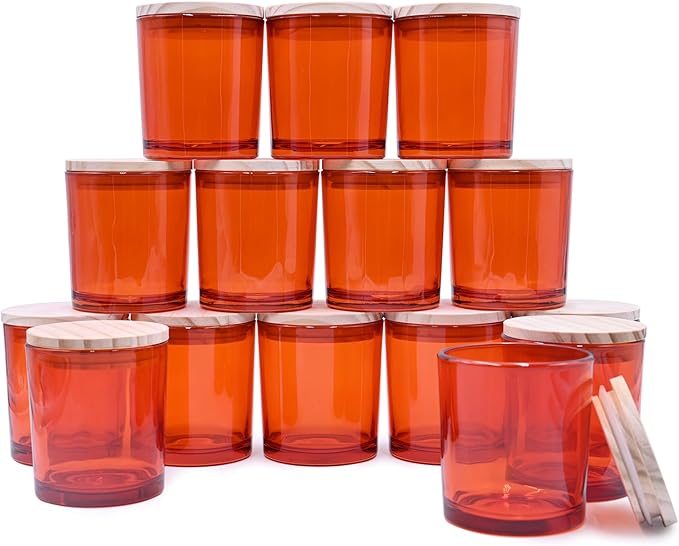 SHOWIN 8 OZ Thick Candle Jars for Making Candles 15 Pcs, Orange Empty Jars with Wood Lids for Candle Making, Sample Container,Clear Orange