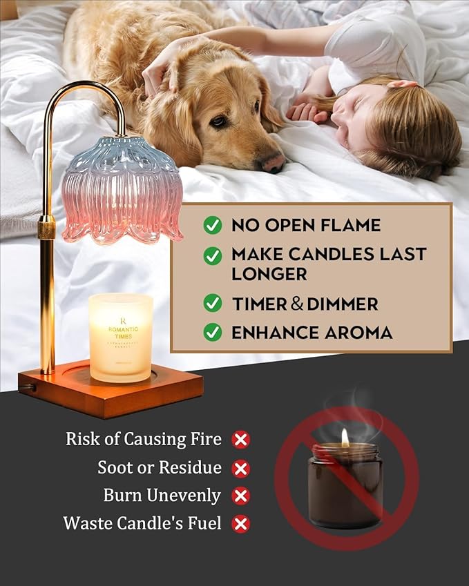 Candle Warmer Lamp with Timer & Dimmer, Candle Lamp Warmer Adjustable Height, Mothers Day Birthday Gifts for Women Mom, House Warming New Home Bedroom Decor, Lotus Flower Wax Warmer for Jar Candles
