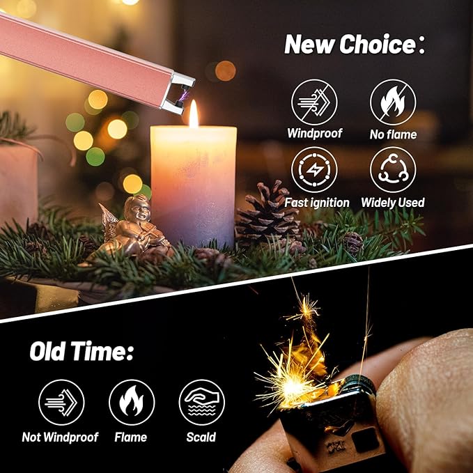 Candle Lighter, Windproof Electric Lighter with Safety Lock, USB Type-C, Rechargeable, Led Display, Lighters for Candle, BBQ, Camping, Festivals (Rose Gold)