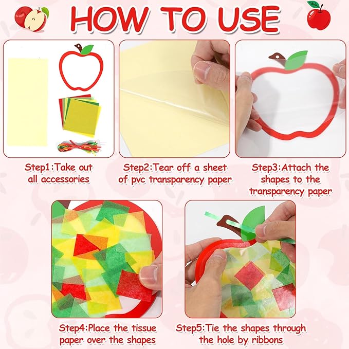 Qyeahkj 36 Set Thanksgiving Apple Suncatchers Crafts for DIY Autumn Window Tissue Paper Craft Kit Hanging Decor for Home Activity Art Project Birthday Party Favor Gift