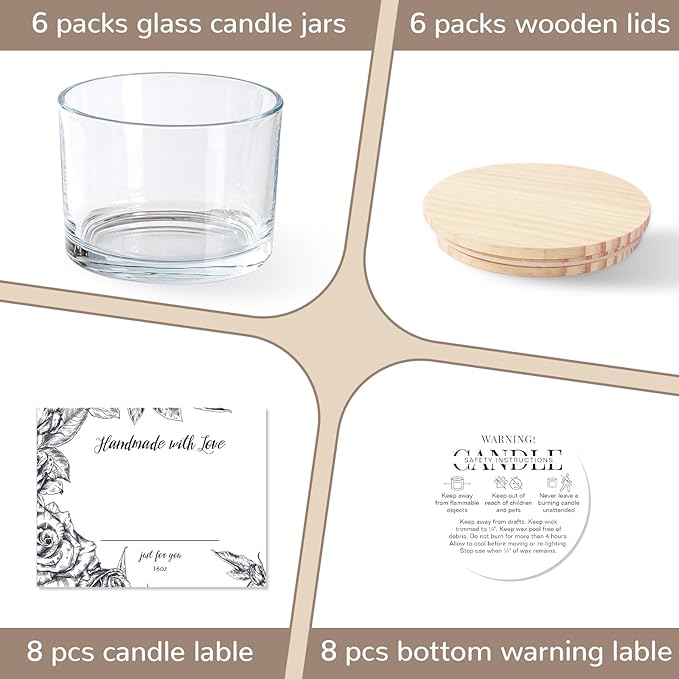 6 Pack Glass Candle Jars with Lids (16oz, Clear) - Large Candle Jars for 3 Wick Candles Making - Empty Candle Jars Containers - Candle Making Supplies Accessories include 16Pcs Candle Labels
