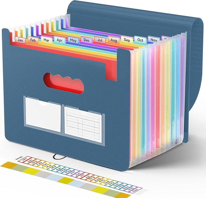 Sooez Accordion File Organizer, 13 Pockets Expanding File Folders, Portable Monthly Paper Bill Tax Receipt Organizer, Letter A4 Size Document Holder with Blank Labels