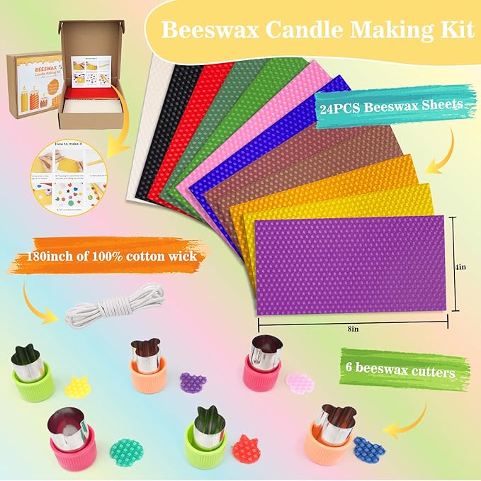 Beeswax Candle Making Kit for Kids - 24Pcs Beeswax Sheets for DIY Candle Making Rolling Kits, DIY Art Craft Gift Kit for Boys and Girls, with 6 Safe Wax Cutter Tools, Vibrant Colors