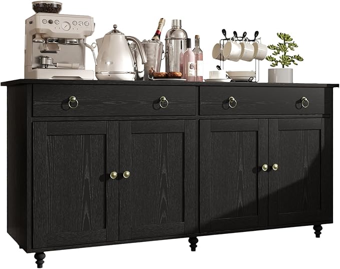 4 EVER WINNER Buffet Cabinet with Storage, 55" Black Sideboard Buffet Cabinet with Drawers and Doors, Coffee Bar for Dining Room