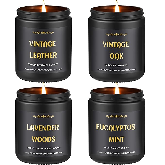 Scented Candles for Men, 4 Pack Mens Candle Set, Soy Candles for Home Scented, Masculine Candle Gifts for Him, 28oz, 200 Hours Burning Time Aromatherapy Candles of Lavender/Eucalyptus/Leather/Oak