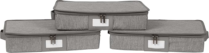 Covermates Keepsakes Zip-Top Storage Box Set, 3 Pack Heavy Duty Polyester Organizer Bins, Stackable Design, ID Window, Reinforced Handles, Closet Home Storage, Grey Heather