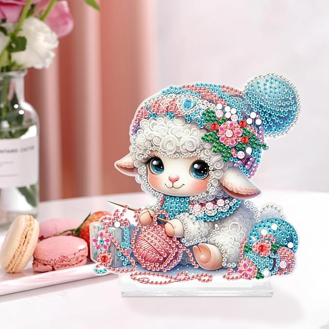 antor DIY Diamond Painting Desktop Ornament Kit, Special Shape Diamond Art Tabletop Decoration, Acrylic Diamond Painting Desk Figurine Decor Crafts Gift, Cute Sheep Knitting