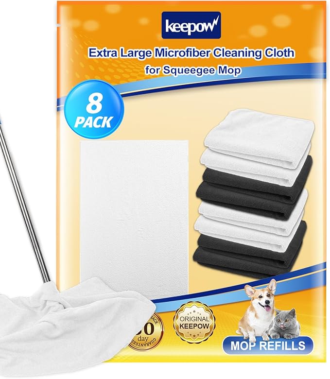 KEEPOW 8PCS Extra Large Microfiber Cleaning Cloth 30" x 20" Washable Reusable Microfiber Towel Streak Free Lint Free Cloth for Cleaning Home Glass Office Kitchen Car Window Bathrooms (White & Black)