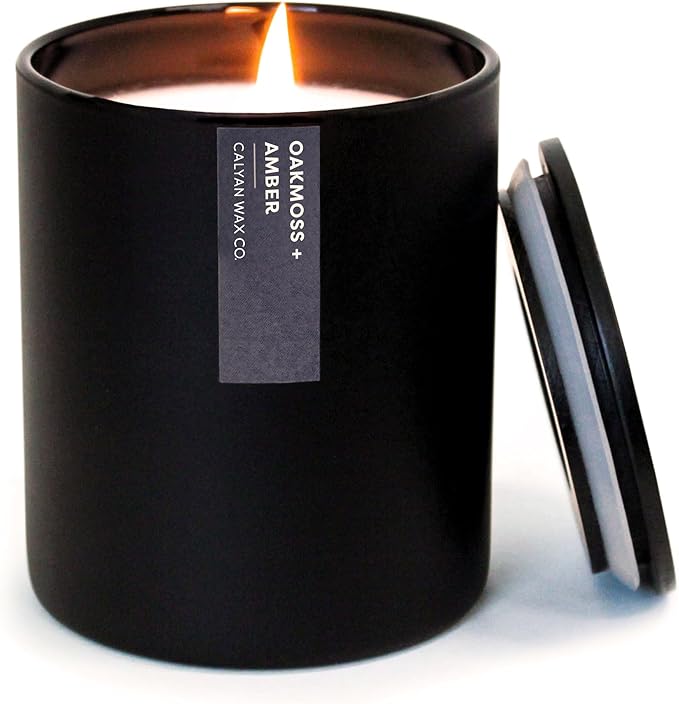 Calyan Wax Co. Oakmoss & Amber Scented Candle - 75 Hour Burn - Luxury Non Toxic Soy Wax Candles - Long Lasting Black Tumbler Jar Candle for Home - 10.2oz