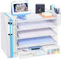 OPNICE Desk Organizer, 5-Tier Paper File Organizer with Drawer & Pen Holder, Office Desk Accessories, Workspace Desktop Organizer for Office Supplies(White)