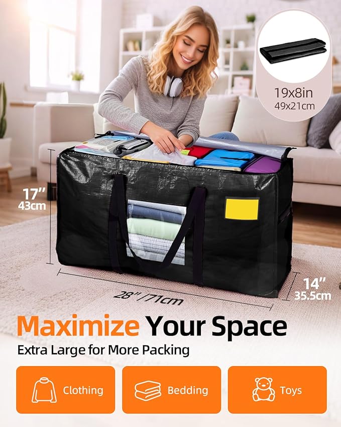 Extra Large Moving Bags, 6 Pack Heavy Duty Storage Bags Boxes Bins Totes with Hnadles Zippers Visible Window for Clothes College Dorm Travel, Black