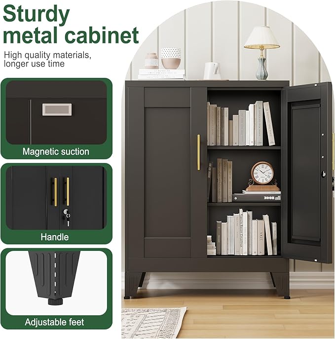 Black Metal Storage Cabinet, 36" Tall Locking Storage Cabinet with 2 Adjustable Shelves, Steel Locker Organizer, for Office, Home, School, 2PS