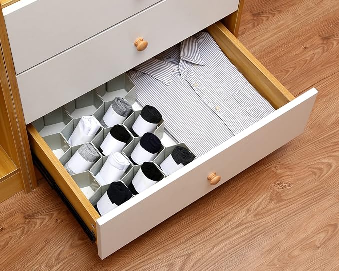 Honeycomb drawer organizer and divider, underwear, socks, tie sorter, office supplies and sundry sorting 32 pieces (Grey)