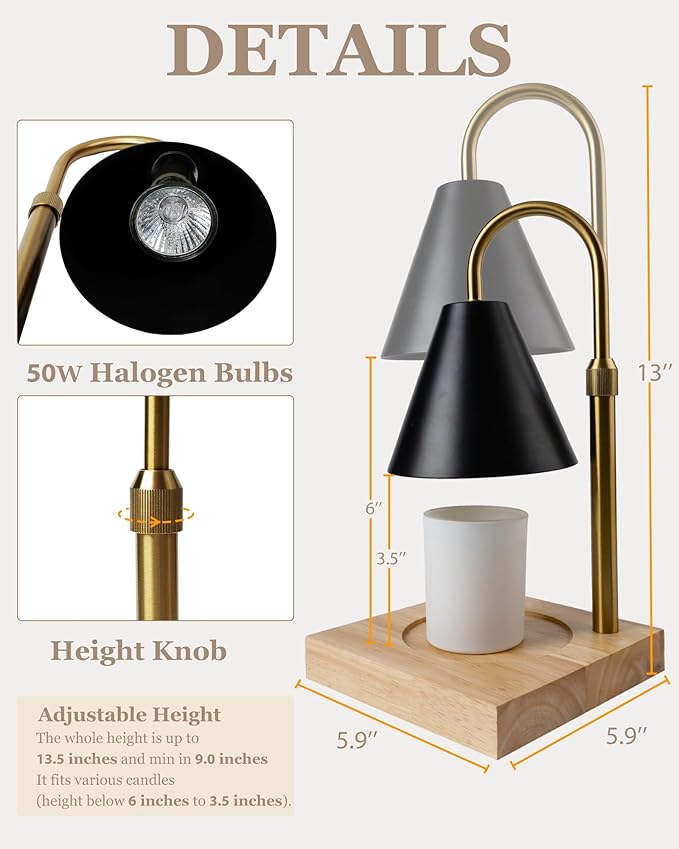 Candle Warmer Lamp with Timer & Dimmer 2 Bulbs, Home Decor Kitchen Countertop Lamp for Soy Candle, Gift for Mom Friends and New Home (Black, Mental)