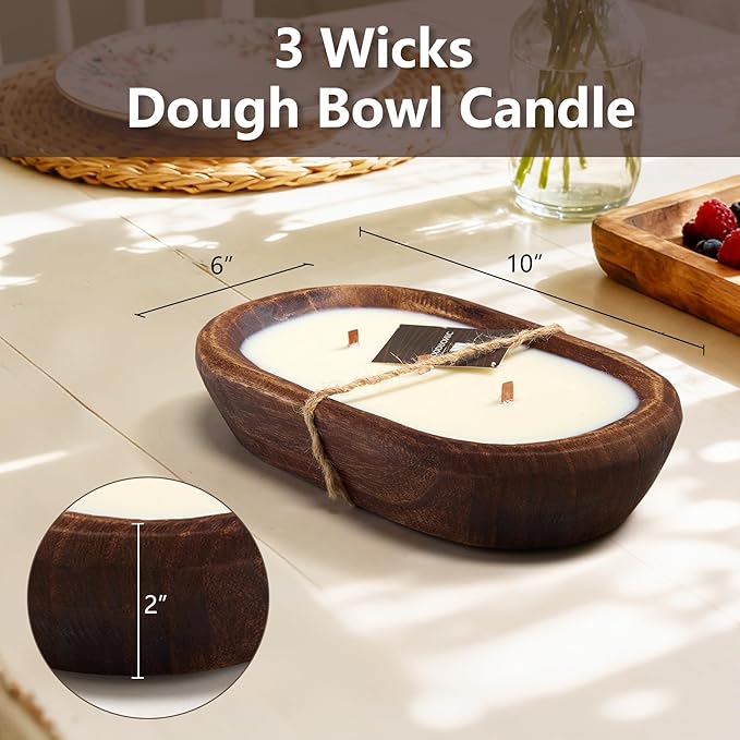 Woodronic 3 Wick Dough Bowl Candle, Vanilla Scented Candle with Brown Wooden Bowl, 10 Inch Large Soy Wax Candle for Home Decor, Living Room, Bedroom, Christmas Gifts for Men & Women