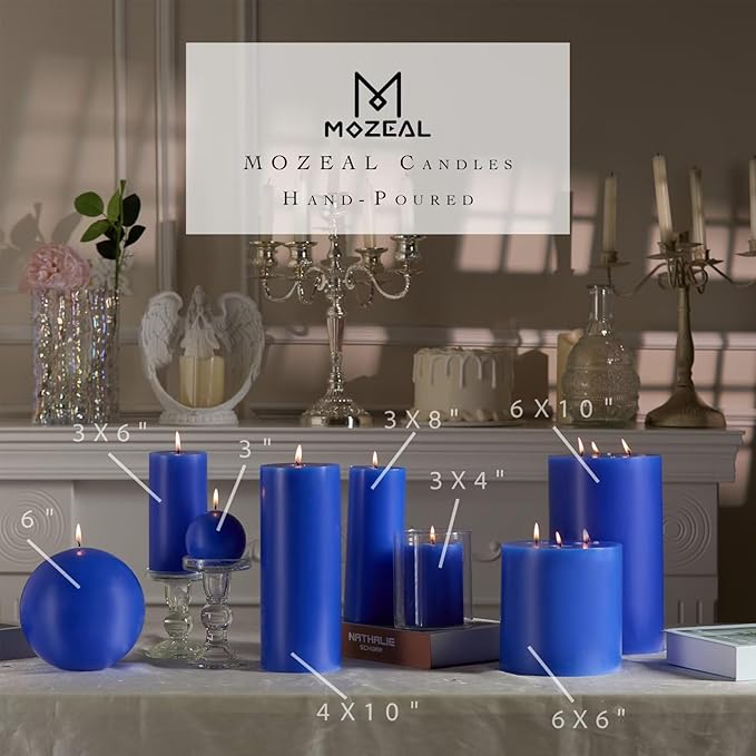 MOZEAL 3" x 4" Hand-Poured Unscented Candle,Dripless Pillar Candle Set of 3,Long Clean Burning,Approx 72 Hours Burn Time,Rustic Country Style,Wedding,Dinner,Christmas and Home Decor,Blue