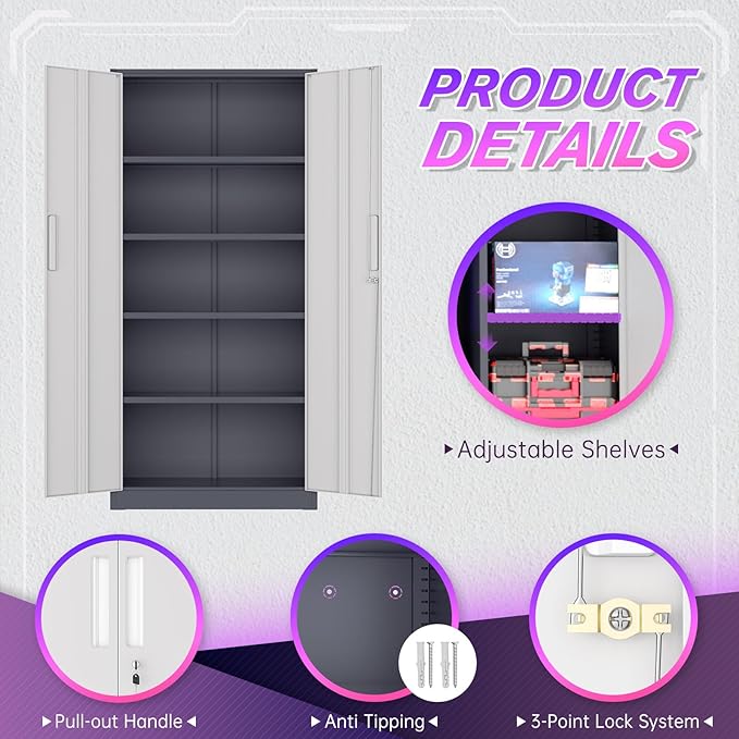 Superday Metal Storage Cabinets, 71" Storage Cabinet with Locking Door, Tall Garage Cabinet with 2 Doors and 4 Adjustable Shelves for Home Office, Classroom, Easy Assemble(White Grey)