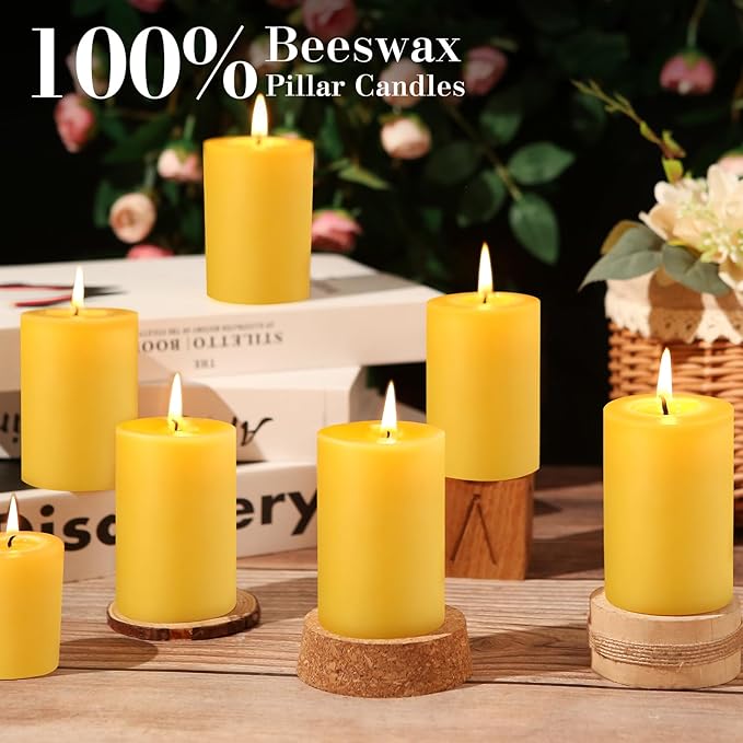 Natural Beeswax Pillar Candles, 2x3in Organic Pillar Candles-128 Hours Pure Beeswax Candles Long Burning Time Smokeless Dripless Bees Wax Candle for Home Paryer Relax, 4 Packs