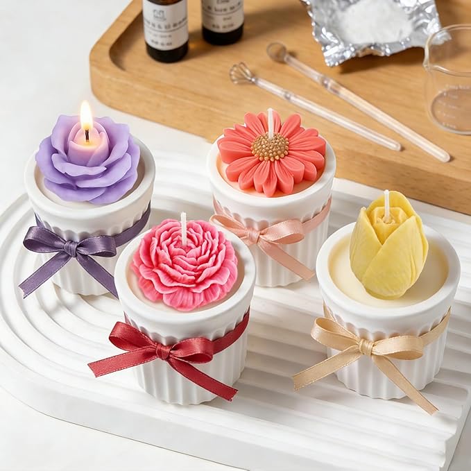 4 Pcs Flower Silicone Molds Set, 3D Floral Silicone Molds Daisy, Peony, Rose, Tulips, Easy Release, Ideal for DIY Candles, Soap, Epoxy Resin Casting Mom Gifts