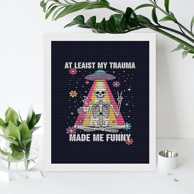 KIVJMSIDJA 5D Diamond Art Kits for Adults Skull Skeleton “At Least My Trauma Made Me Funny” Full Drill DIY Diamond Art for Home Wall Decor 16"x20"