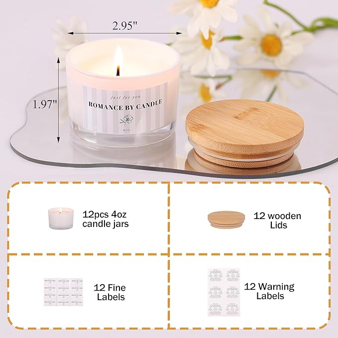 12 PCS White Candle Jars for Making Candles, 4 OZ Glass Jars with Bamboo Lids and Sticky Warning Labels, Candle Containers for DIY Gifts, Candle Making Supplies