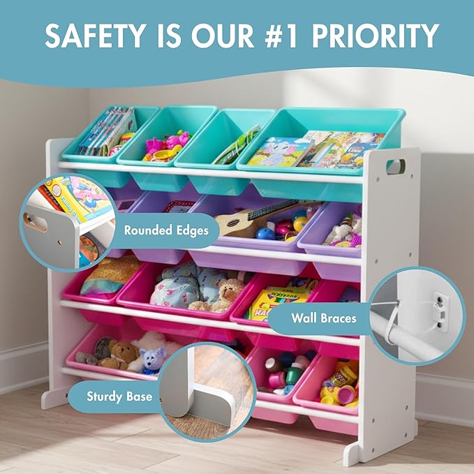 Humble Crew Supersized Toy Storage Organizer with 16 Removable Bins, White/Blue/Pink/Purple – Large Toy Storage for Toddlers Ideal for Kids' Rooms, Playrooms, and Nurseries - Modern Toy Bins for Kids
