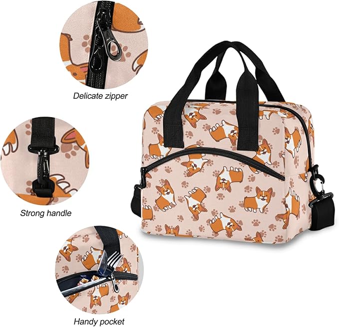 CBBYY Corgis Paw Lunch Bags for Women Men, Reusable Insulated Lunch Box, Adjustable Shoulder Straps Tote Lunch Bag for Work Picnic School