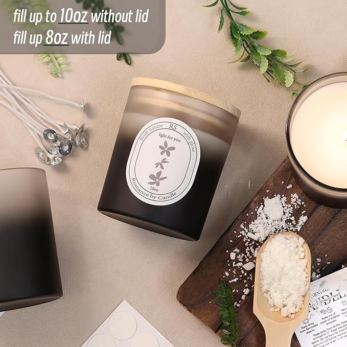 REISEN 12Pcs Gradient Black Candle Jars for Making Candles, 10oz Glass Jars with Bamboo Lids, Candle Wick Kit and Sticky Warning Labels, Candle Containers Vessels for DIY Gifts