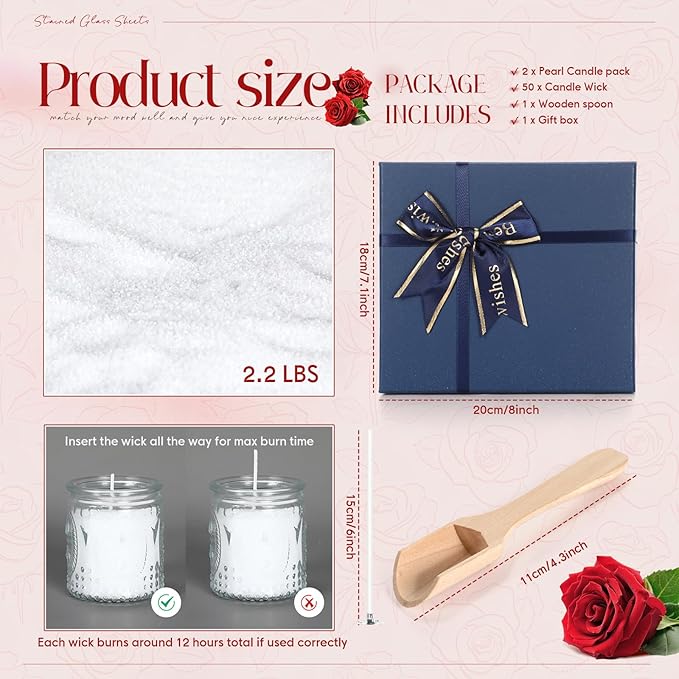 MTLEE Pearled Candle 2.2 lb Sand Wax Scented Sand Candle Kit with Gift Box 50 Wicks Refillable Jar White Beaded Wax Gift Set for Friends Mother Lover Women Family(Rose)