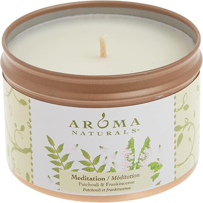 Aroma Naturals Tin Candle with Patchouli and Frankincense Essential Oil Natural Soy Scented, Meditation, 2 Count