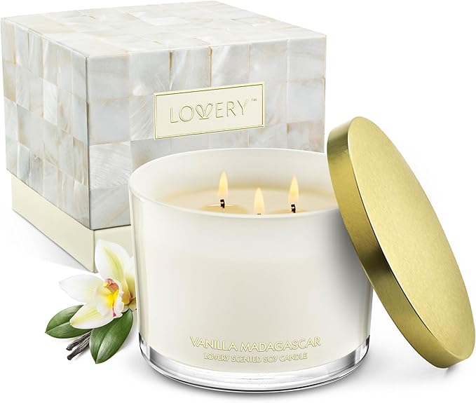 Luxury Vanilla Soy Candles, Large 3 Wick Jar Candle for Home Scented, Up to 50 Hours Burning Time, 100% Natural Soy Wax, Relaxing Aromatherapy Aesthetic Candle - Housewarming Gifts for Men & Women Set