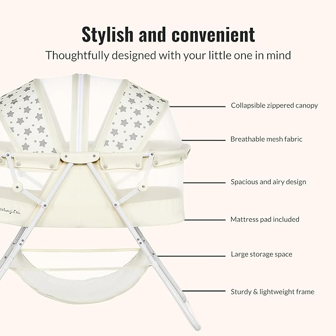 Dream On Me Karley Bassinet, Award Winner Lightweight Travel Baby Bassinet, Foldable Bedside Sleeper, Adjustable Double Canopy, Spacious Design, Soft Fabric, Storage Basket – French White