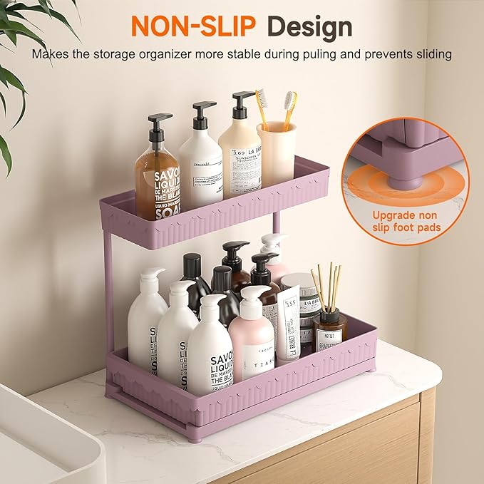 3 Pack Multi-Purpose Under Sink Organizers and Storage, 2026 L-Shaped Pull Out Cabinet Organizer for Bathroom & Kitchen, Under Cabinet Organizer with Hooks Hanging Cup (Pink, 14.85 inch)