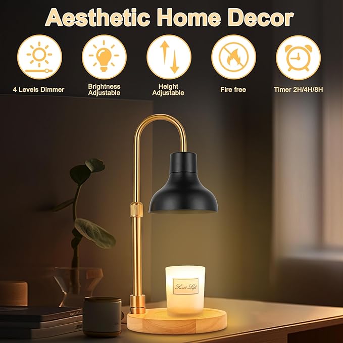 Candle Warmer Lamp with Timer & 3 Bulbs, Dimmable Electric CandleLight Adjustable Height and Brightness Candle Wax Warmer for Jar Candles Bedroom Home Decor House Warming Gift for Women (Black)
