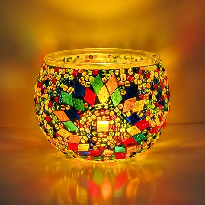 wpdash Handmade Creative Turkish Mosaic Candle Holder Round Glass Multi-Function Art Ornament Festival Atmosphere Decoration Desk Stationery Storage Home Handmade Craft