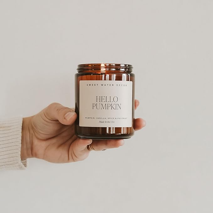 Sweet Water Decor Hello Pumpkin Candle - Fall Soy Candles with Pumpkin, Warm Spices, Vanilla and Buttery Pie Crust - Pumpkin Candles for Home with 40 Hours Burn Time - 9Oz Black Lid Amber Jar Candle
