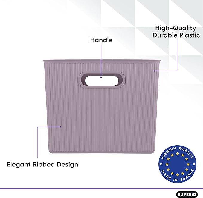 Superio Ribbed Collection - Decorative Plastic Basket Open Home Storage Bins Organizer, X-Large Lilac Purple (4 Pack) Container Boxes for Organizing Closet Storage Bins for Shelves 22 Liter/23 Quart
