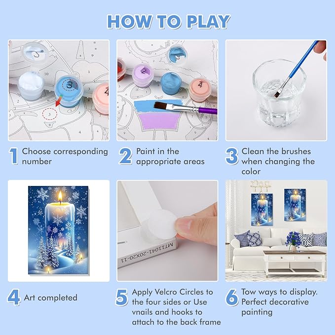 Bowetile Snow Paint by Numbers for Adults Beginners Framed, Adults' Paint-by-Number Candles Kits, Adult Paint by Number Kits on Canvas, Acrylic Christmas Number Painting for Home Decor, 8x12in