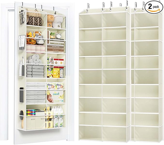 2 Pack 5-Tier Over The Door Organizer with 10 Side Mesh Pockets & Clear Windows, 80 lbs Weight Capacity Hanging Storage for Bathroom, Bedroom, Nursery, Kitchen, Organize Shoes, Diapers(Clear Beige)
