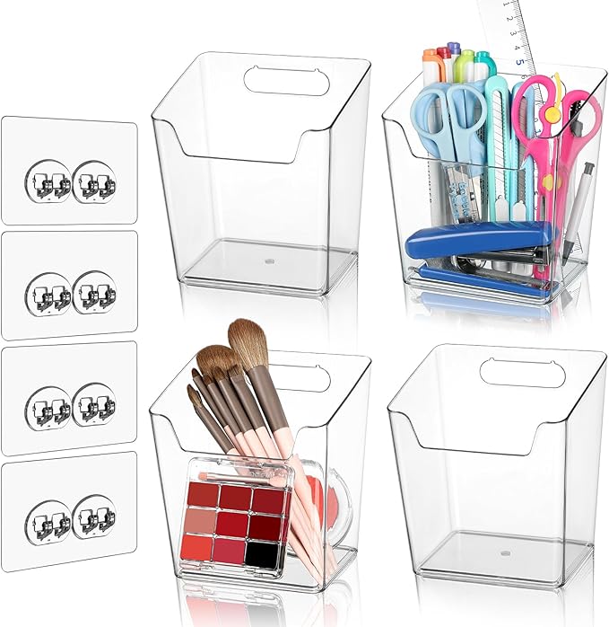 Clear Acrylic Pen Holder, 4 Pack Cabinet Door Organizer Adhesive, Bathroom Wall Mount Caddy Kitchen Plastic Storage Bin Box for Office Marker,Art Supply, Small Cleaning Supply, Seasoning Drink Packet