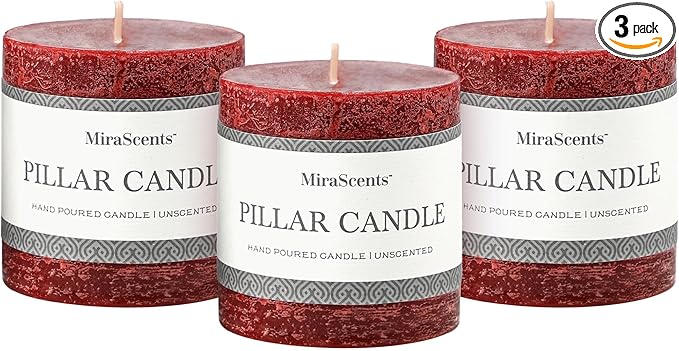 3x3 Inch Burgundy Pillar Candles Set of 3 - Hand-Poured Unscented Candles, Long Clean Burning, Dark Red Pillar Candle, Smokeless Dripless Candle for Dinner Table, Wedding, Home, Rustic Decor