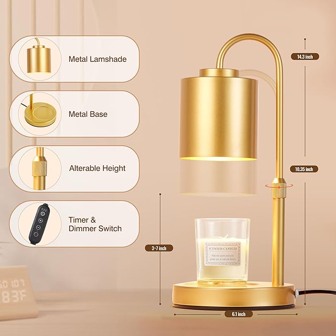 CASTLELIFE Candle Warmer Lamp with Timer & Dimmer, Height Adjustable Electric Wax Melt Warmer for Jar Candles, Gifts for Mom Home Decor, Gold