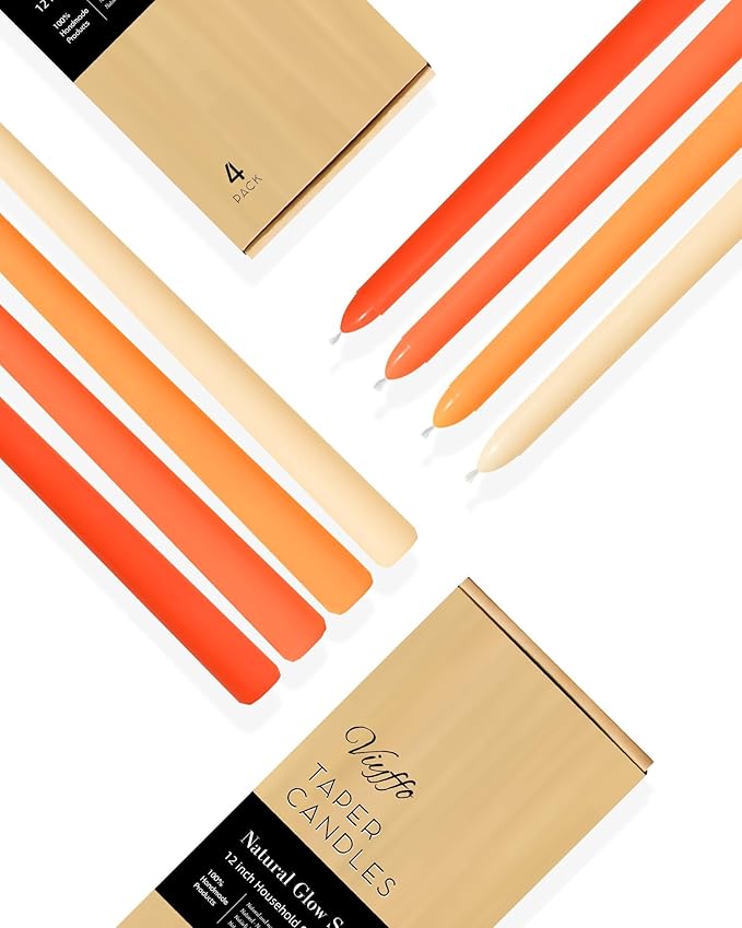 Viyffo Taper Candles, 12 Inch, 20 Pack, Orange – Unscented, Smokeless Design, Up to 8-Hour Burn – Tall Candlesticks for Table Decor, Weddings & Dinners